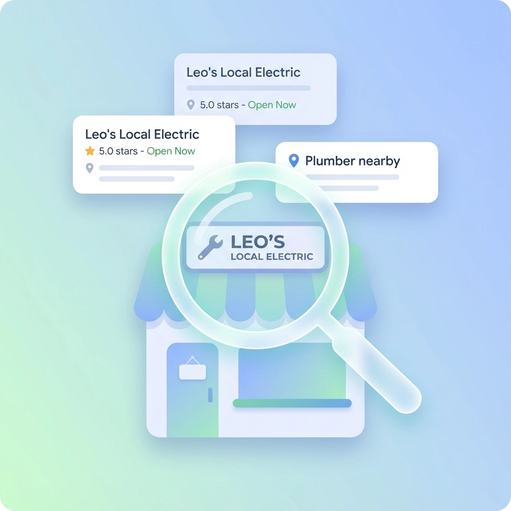 Illustration showing correct signage and address verification for a service‑area trades business on Google Business Profile