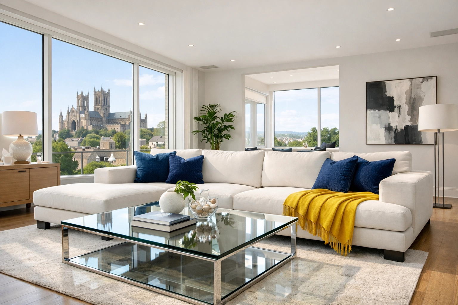 Sun-drenched modern living room in Lincoln featuring a clean glass table and vacuumed floors.