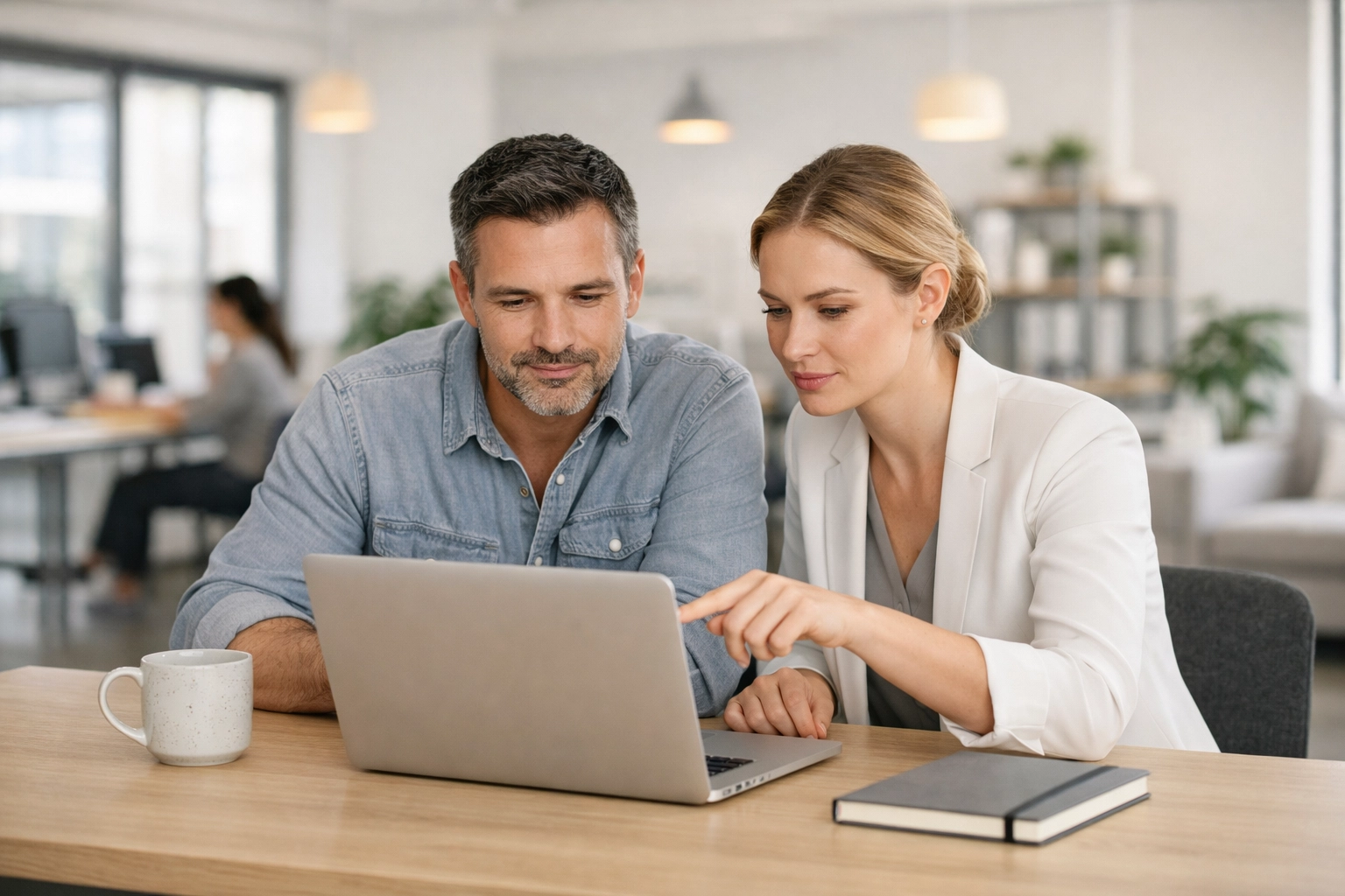 A small business owner and tax professional reviewing IRS compliance data on a laptop in a modern office.