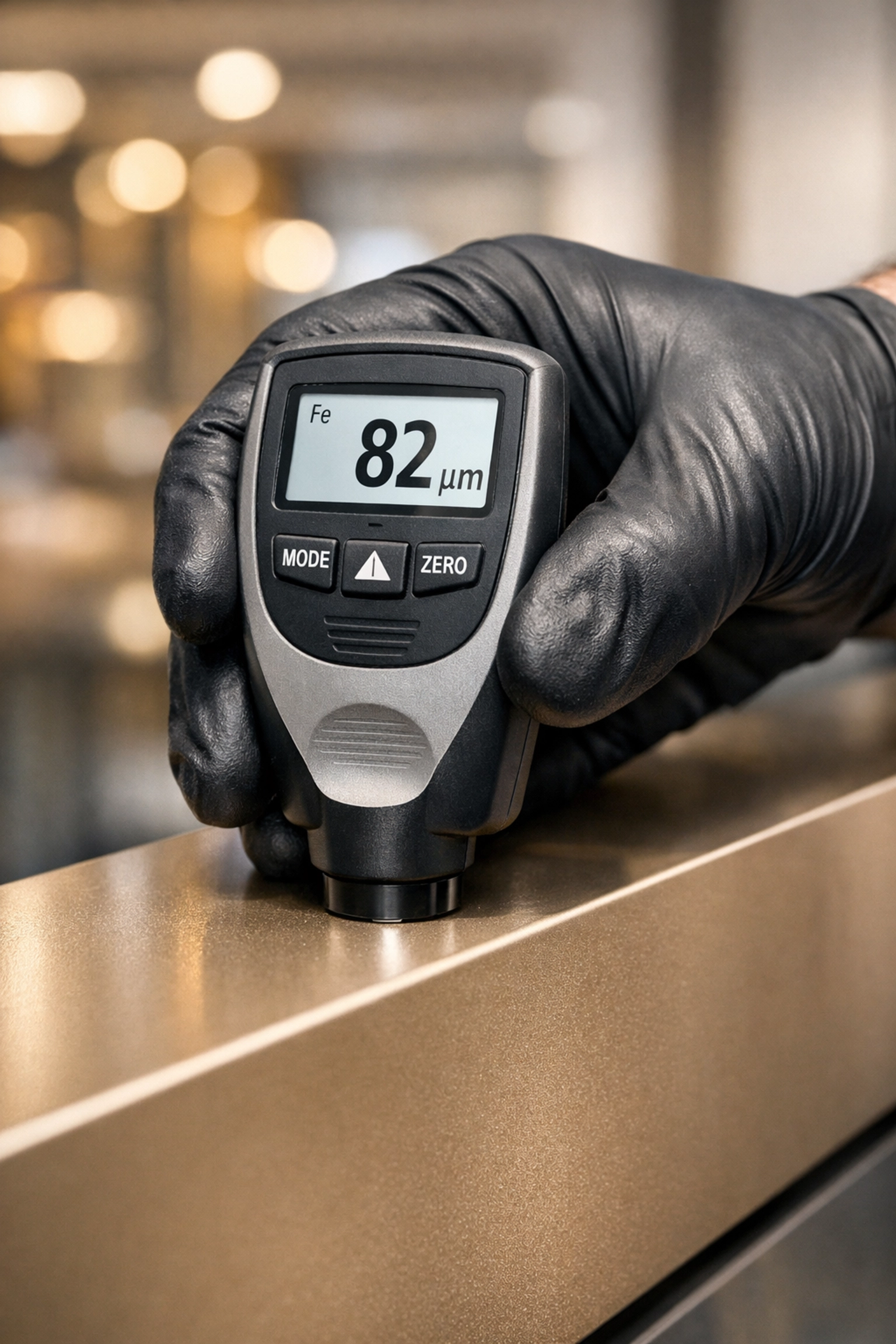 Technician using a digital gauge to measure protective coating thickness on an aluminum panel.