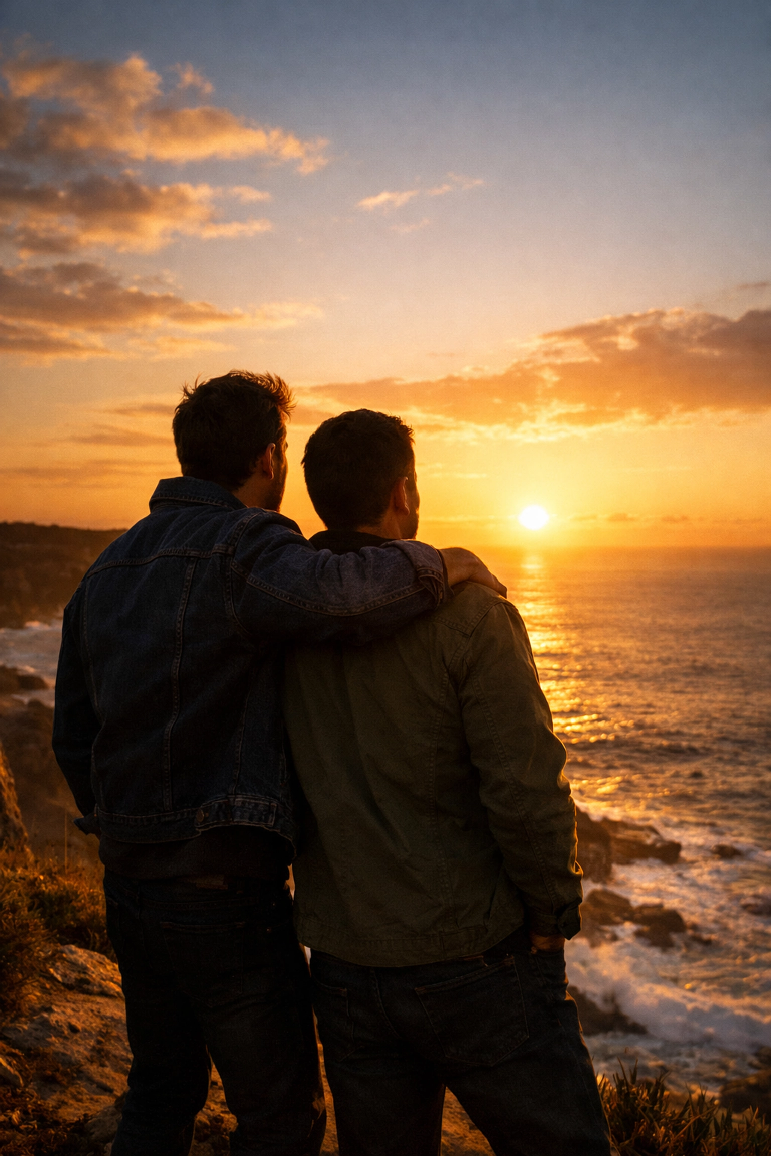 Gay couple embracing at sunrise on an Australian coast, representing resilience and hope for marriage equality.