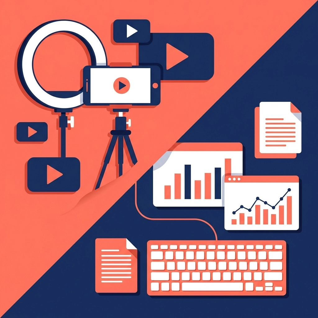 Minimal content creation workspace with TikTok video gear on one side and Google SEO analytics tools on the other