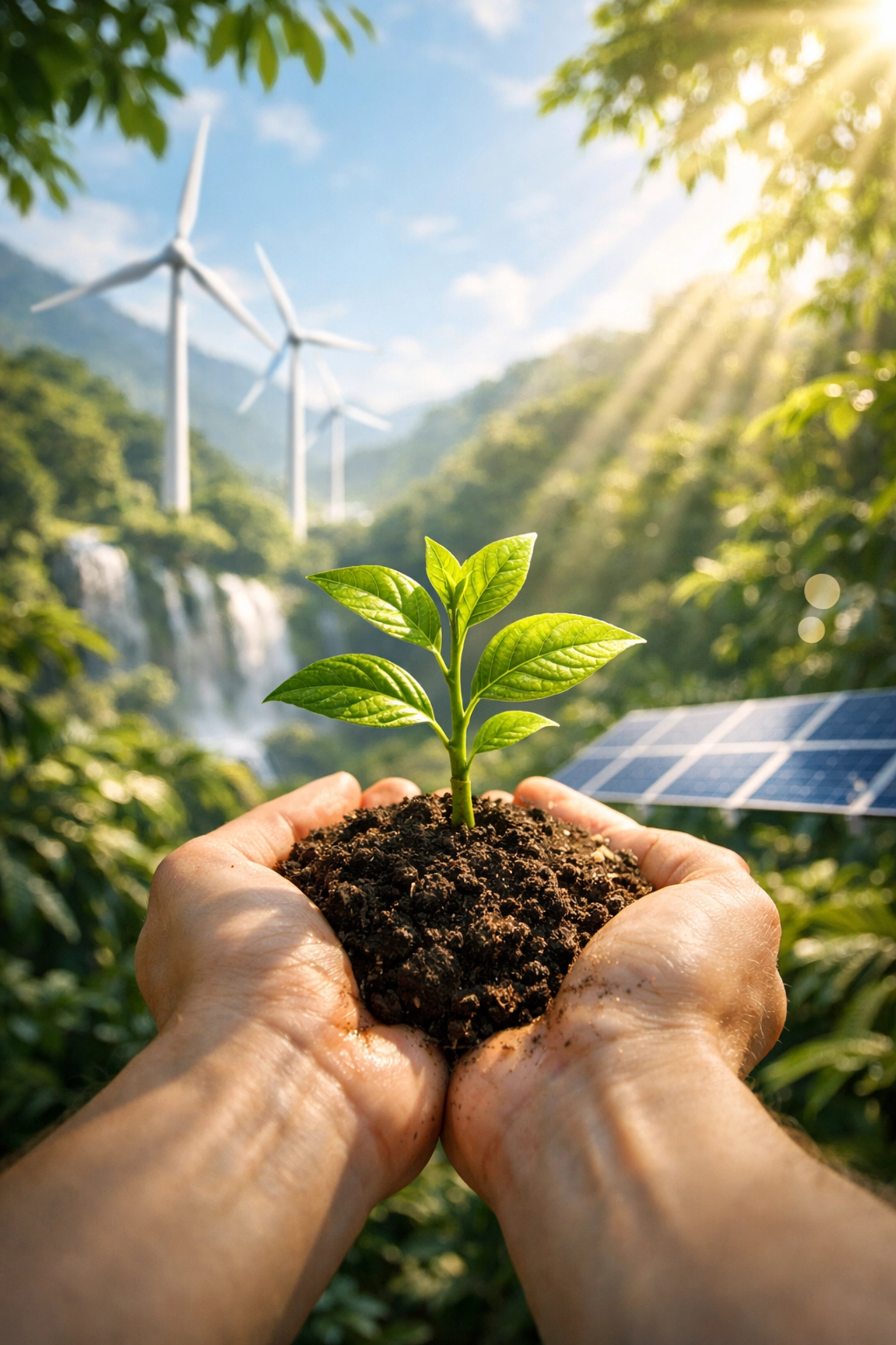 Hands holding a sapling with wind turbines and solar panels symbolizing regenerative travel.