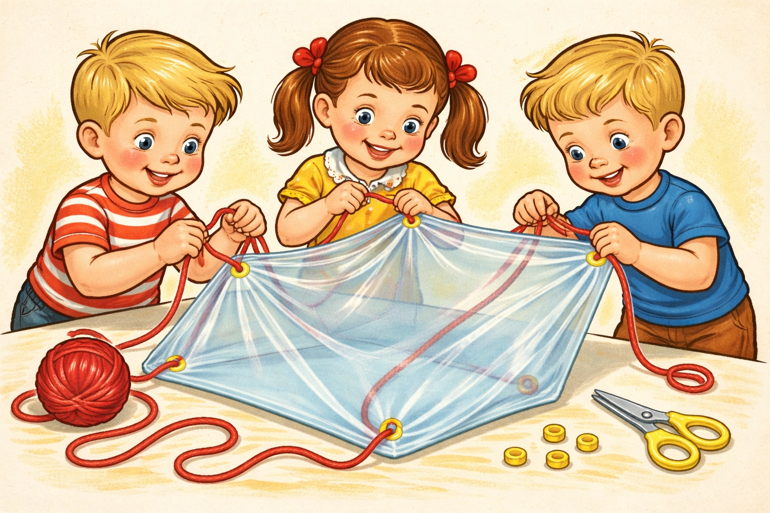 Children threading yarn through plastic bag canopy to assemble a homemade parachute for toys