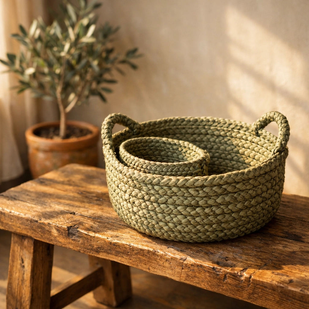 Sage green handcrafted artisan baskets on a rustic wood bench for a slow decorating lifestyle.