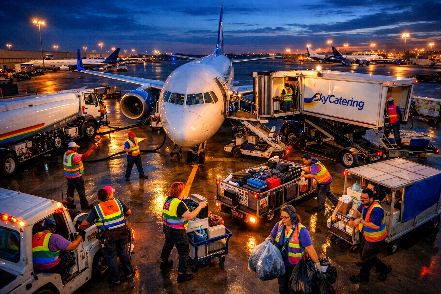 Ground crew coordinating aircraft turnaround operations with multiple service vehicles