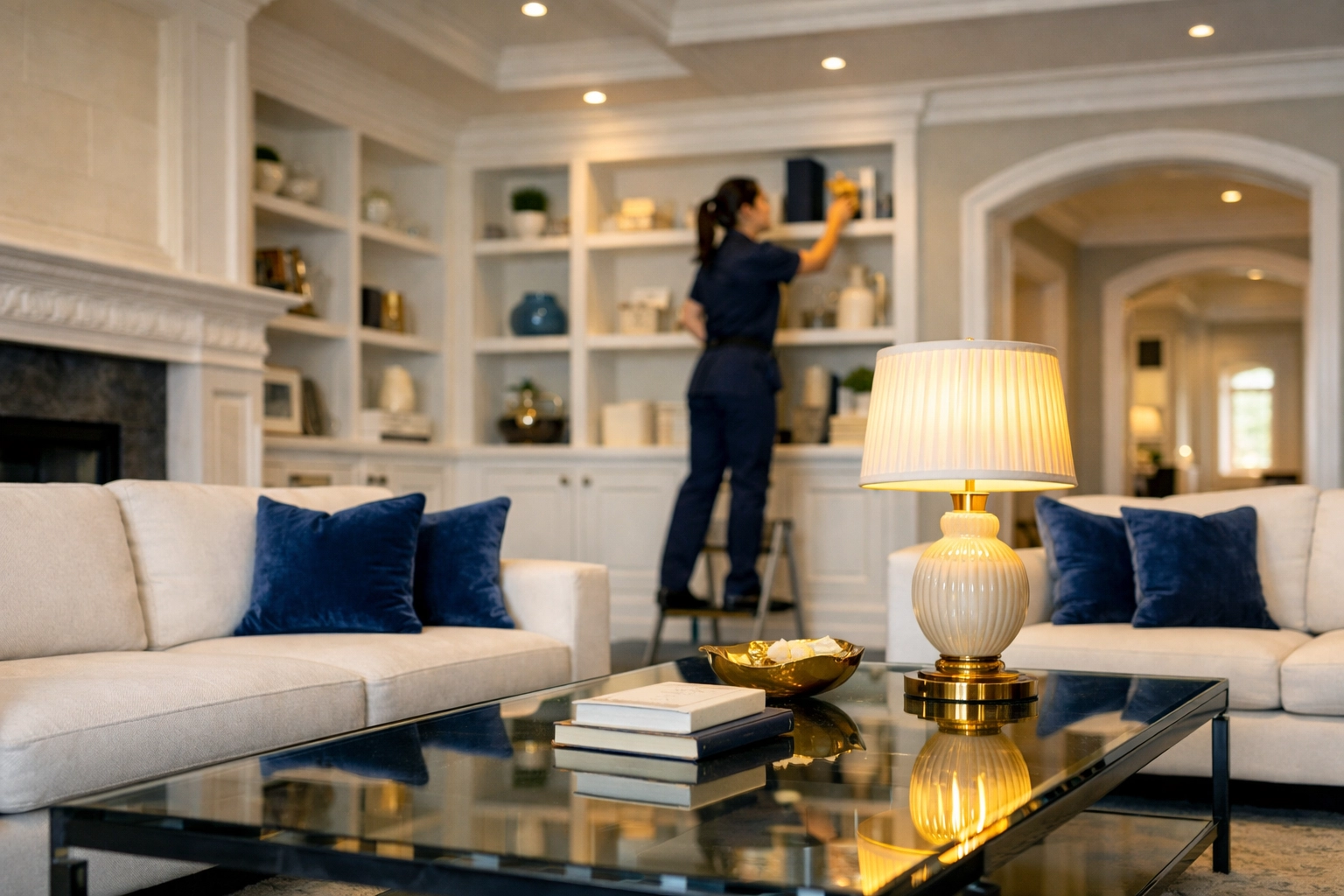 Professional residential cleaning in Milton showing a meticulous deep clean of a high-end living room area.