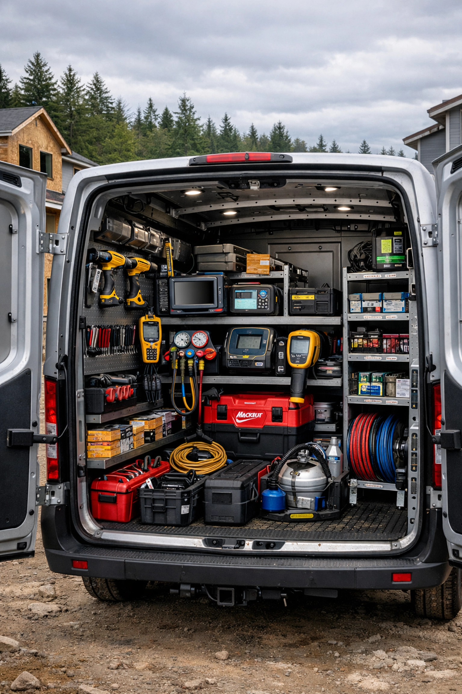 Contractor tools and equipment in a van at a Washington job site, protected by inland marine insurance.
