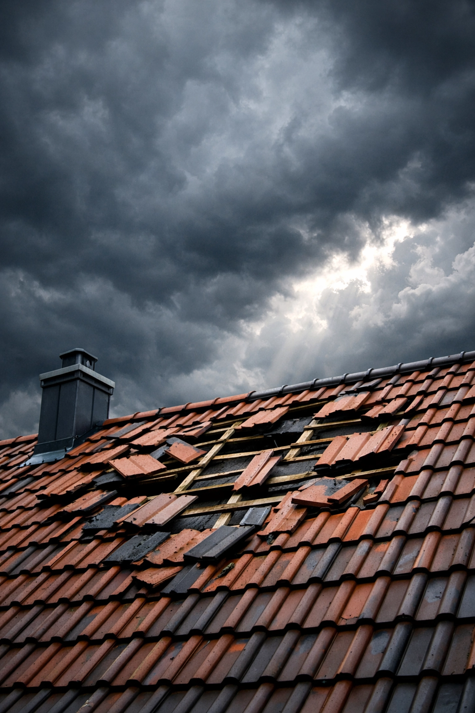Storm damaged roof with missing tiles and dark clouds in Northern Ireland