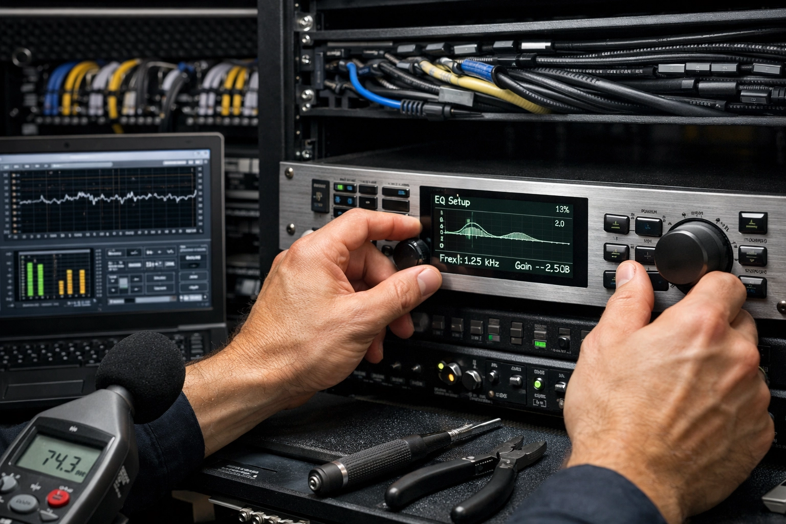 Professional AV technician calibrating sound system equipment in worship center