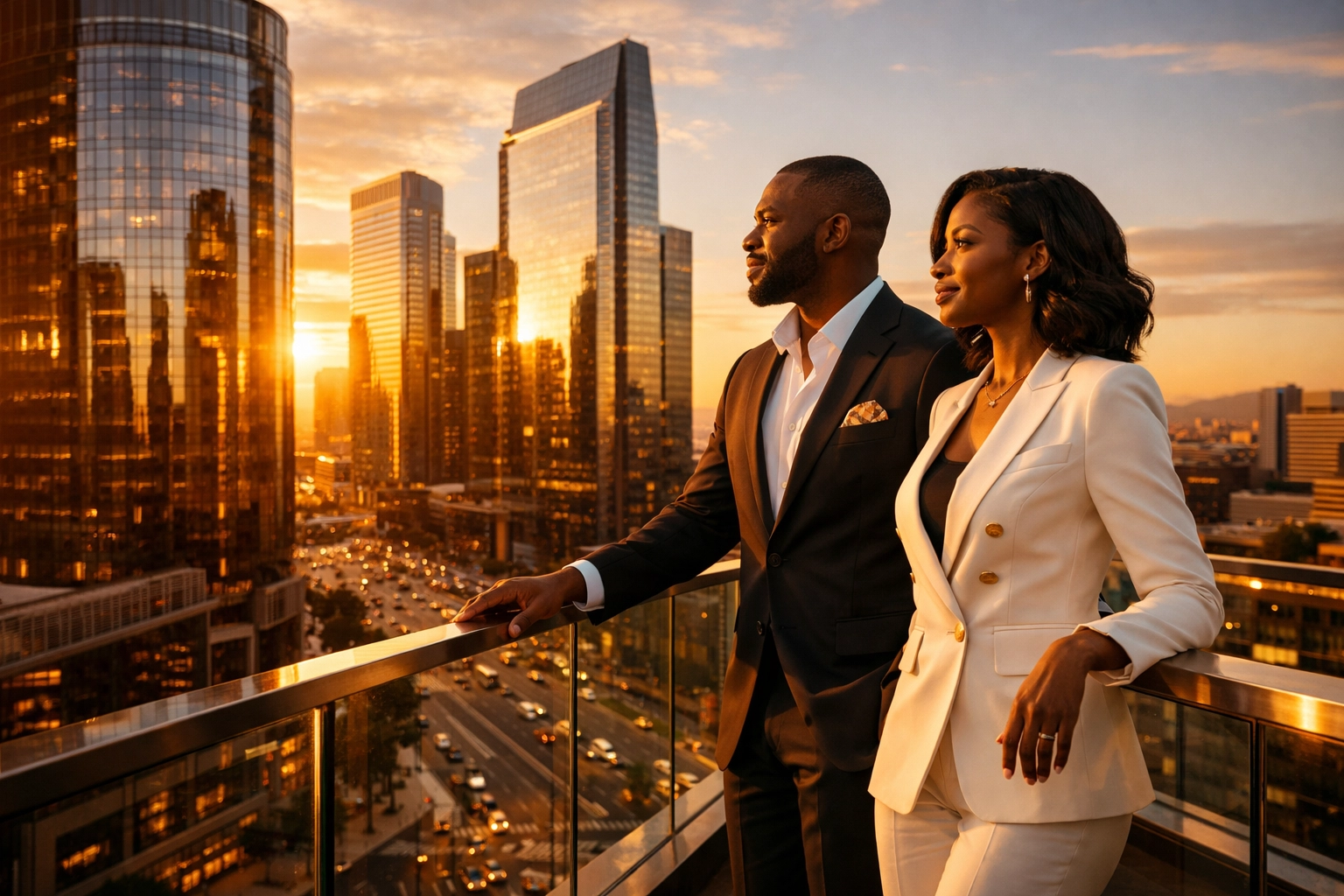 A Black couple viewing a modern city skyline, symbolizing the growth of the new Black Wall Street movement.