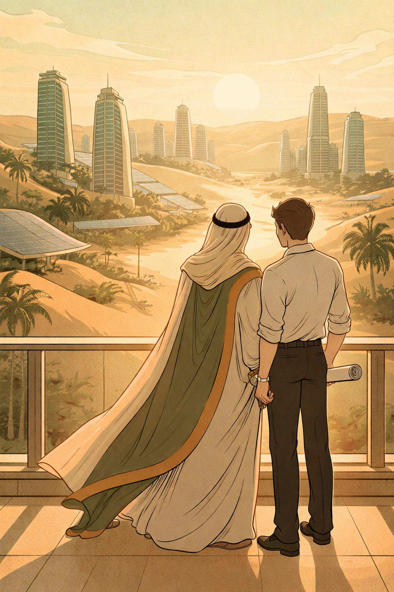 Crown prince and engineer share a romantic moment overlooking their futuristic desert kingdom in A Royal Wedding MM romance