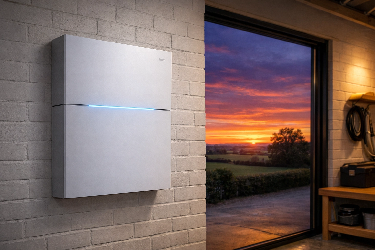 Sleek modern solar battery storage unit installed in a garage for energy independence.