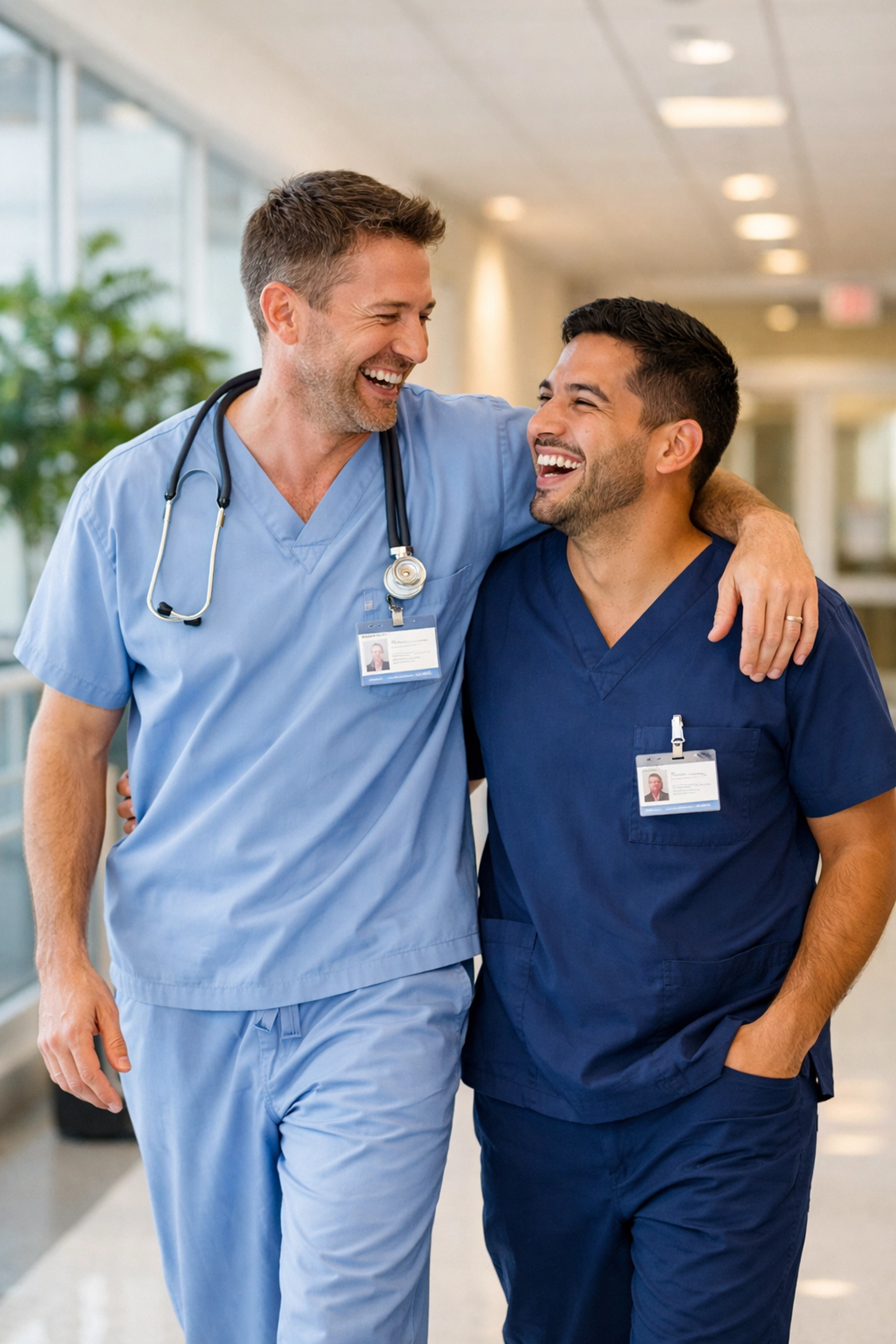 A happy gay doctor and nurse walking through a clinic, showing a joyful MM romance love story ending.