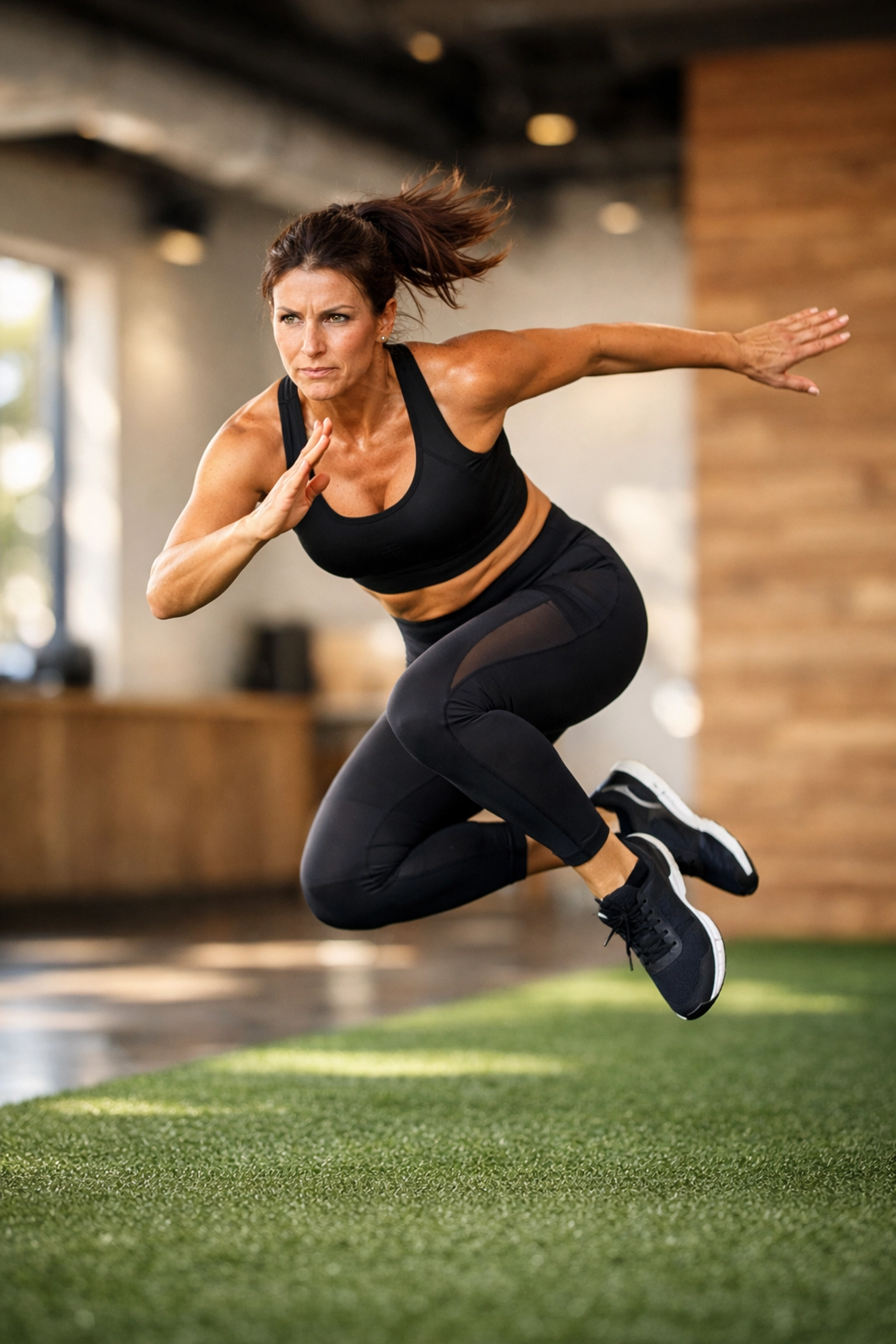 Athlete in her 40s doing lateral plyometric jumps to maintain mobility and explosive power.