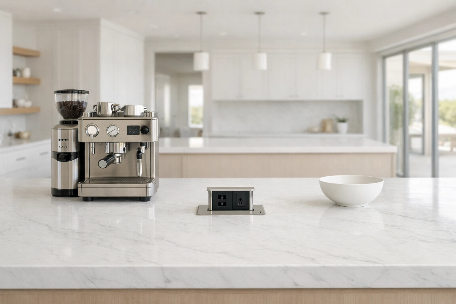 Integrated pop-up outlet on a marble kitchen island, ensuring a dedicated circuit for high-draw appliances.