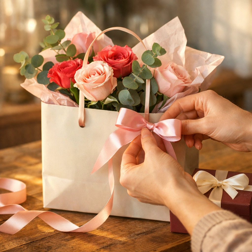 Ready-made Valentine's gift bag with fresh flowers and chocolates for every budget