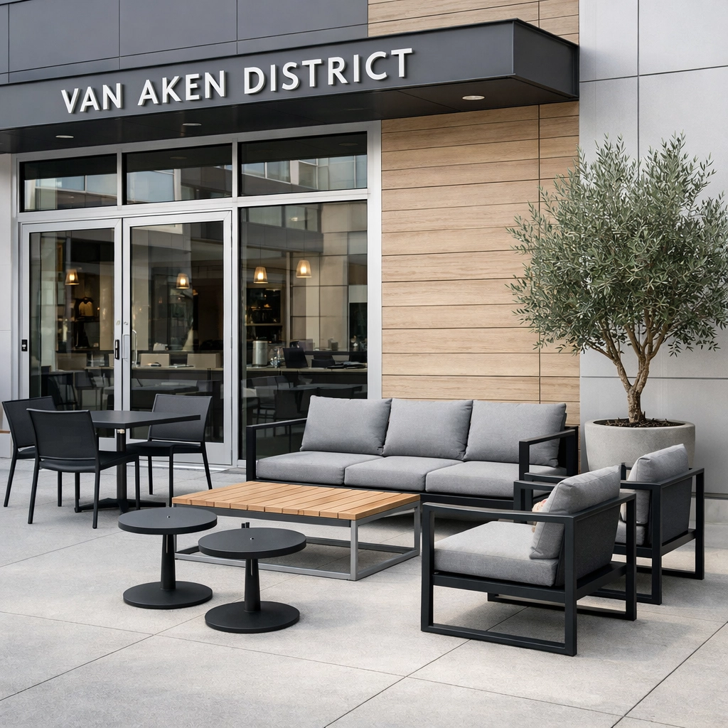 Modern outdoor seating area at the Van Aken District in Shaker Heights, Ohio.