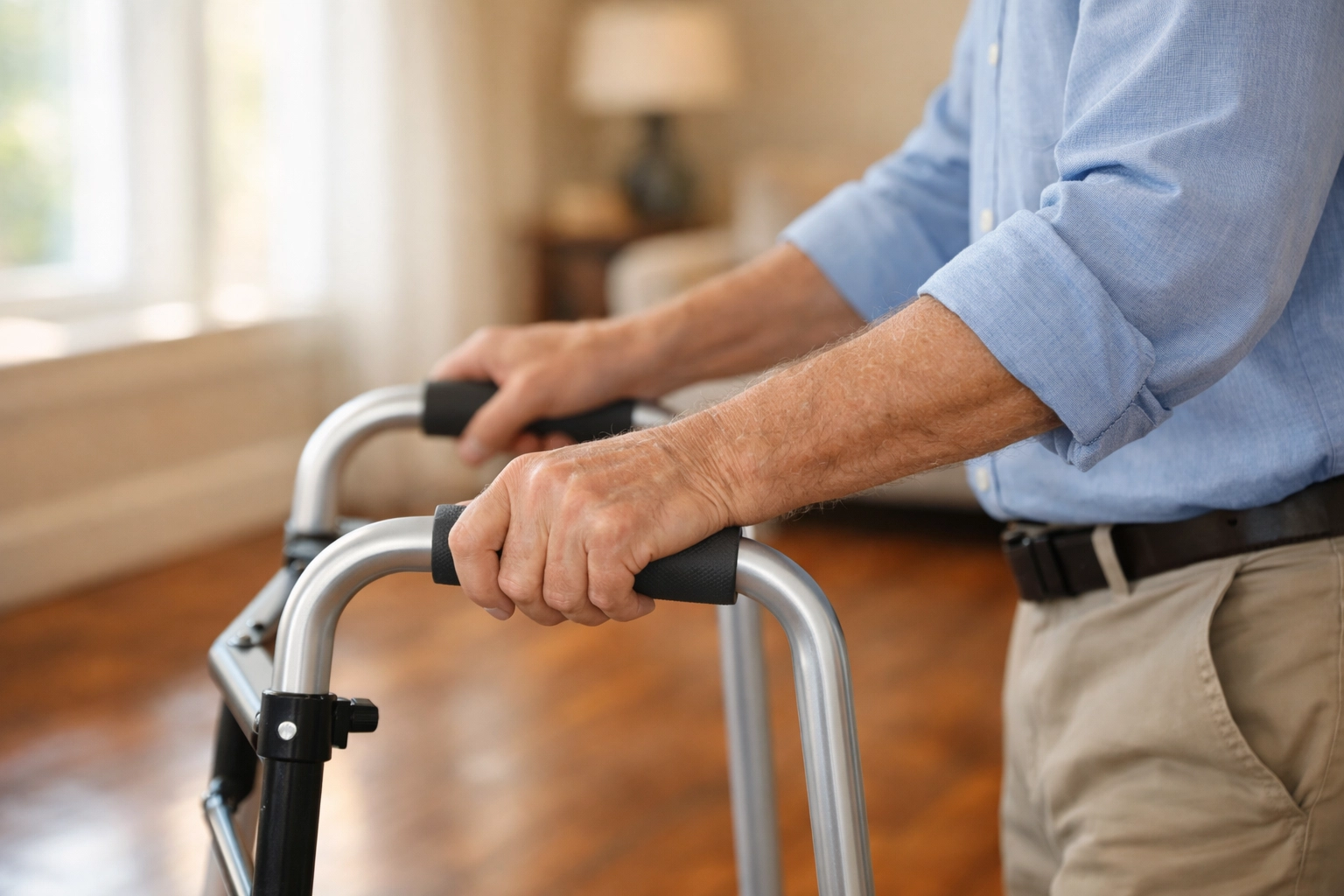 Correct walker height adjustment with a senior man's elbows bent for safe mobility support.