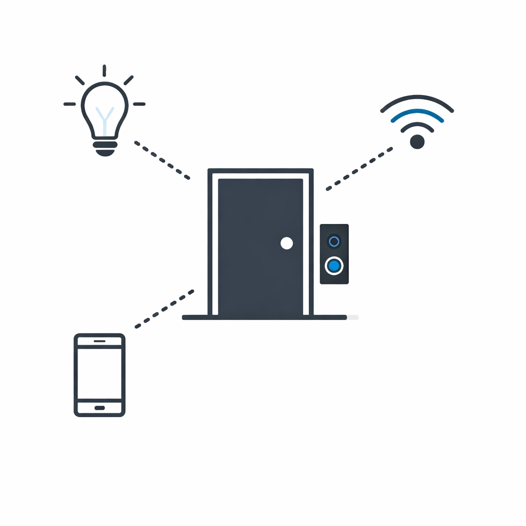 Smart home integration showing a doorbell camera connected to a mobile app and home network.