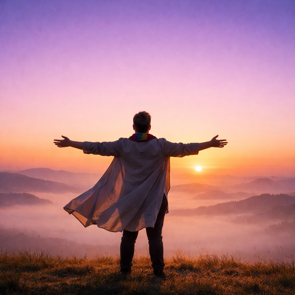 A queer individual standing on a hilltop at sunrise, representing the freedom to define one's own life journey.