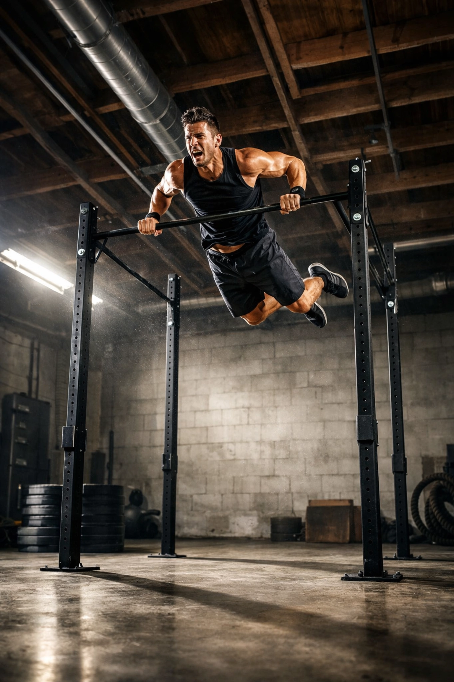 Athlete performing muscle-up on floor to ceiling gym system with full range of motion