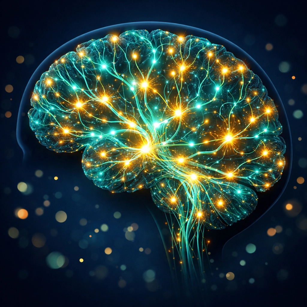 Illustration of glowing neural pathways in a human brain during concussion recovery and neurological rehabilitation.
