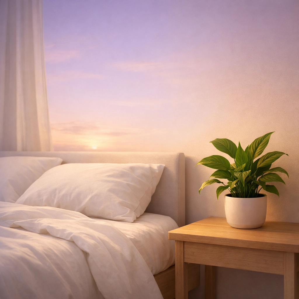 A serene, minimalist bedroom sanctuary illustrating restorative sleep and a calm nervous system after therapy.