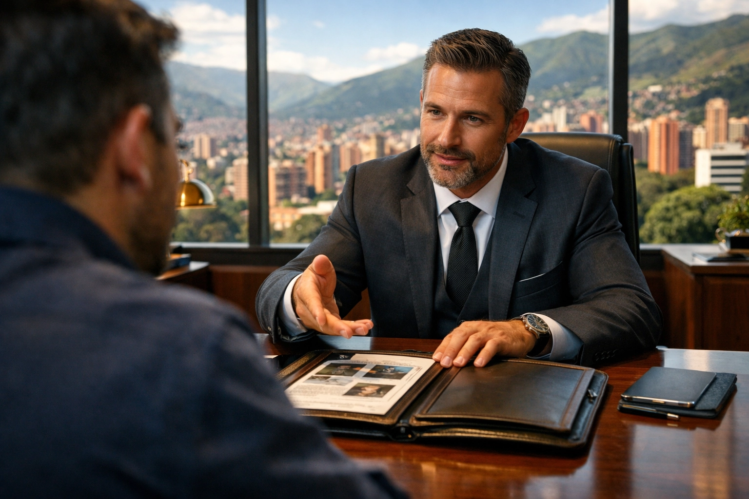 Professional private investigator in Medellin conducting a confidential security consultation.