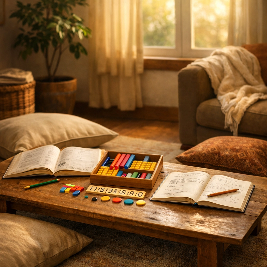 Cozy living room transformed into flexible Texas homeschool learning space