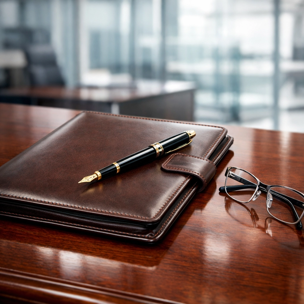A professional executive desk with a portfolio, representing precise corporate event management.