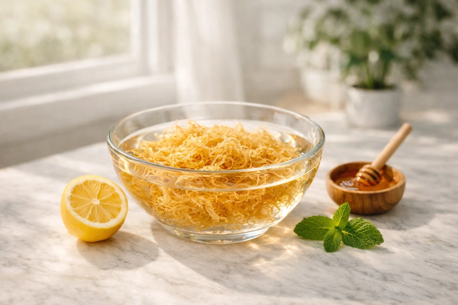 Raw golden wildcrafted sea moss soaking in a glass bowl with lemon, a key source for sea moss gel benefits.