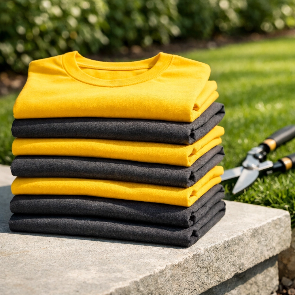 Professional custom screen printed landscaping uniforms neatly folded in a bright outdoor garden workspace.