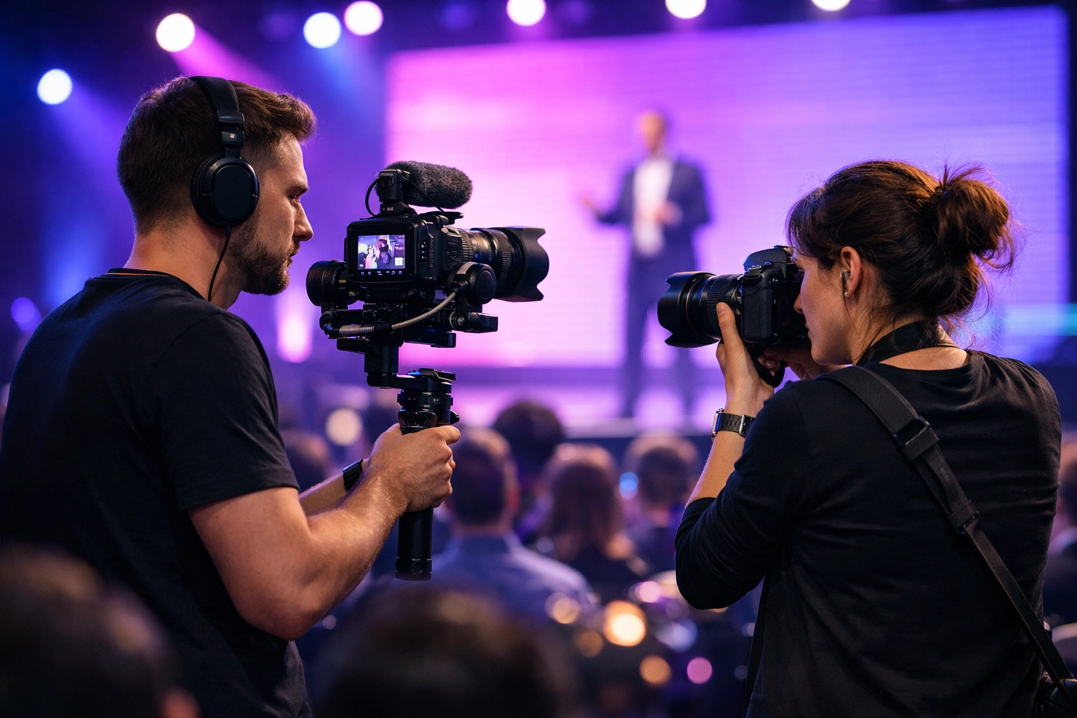 A corporate event videographer and conference photographer capturing a keynote speaker together.