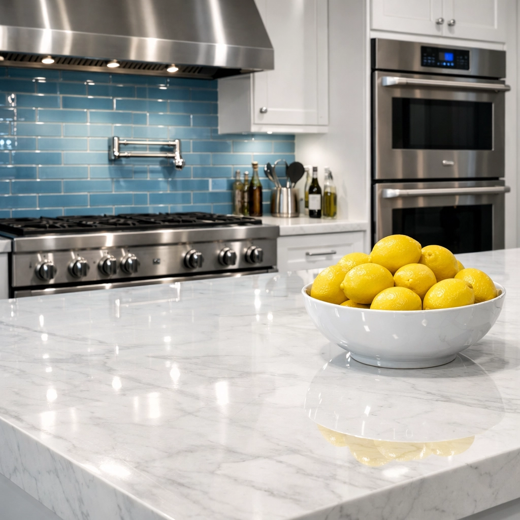 Sanitized luxury kitchen with white marble countertops after a professional deep cleaning Cambridge session.