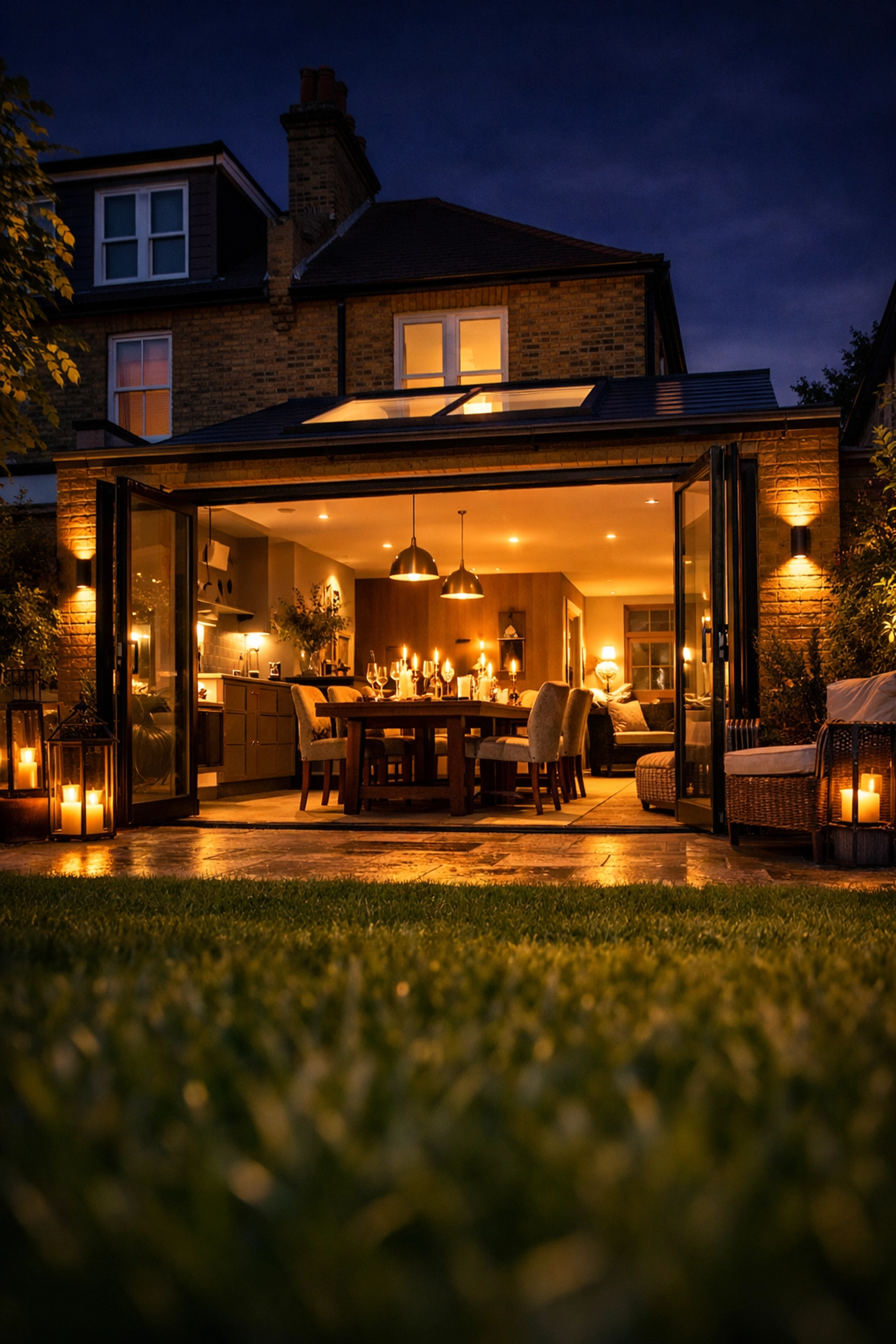 Completed side-return extension in Bognor Regis with open glass doors leading to a lit garden patio at night.