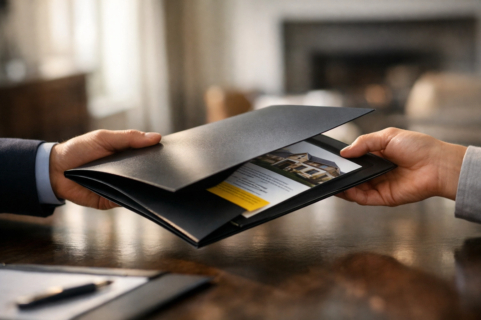 Real estate agent presenting custom branded folder to client during listing appointment