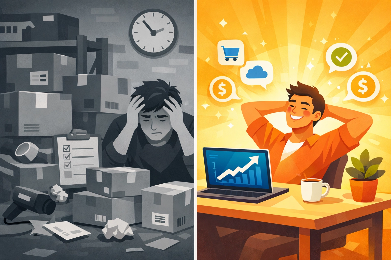 Comparison of physical inventory business versus stress-free digital product business model