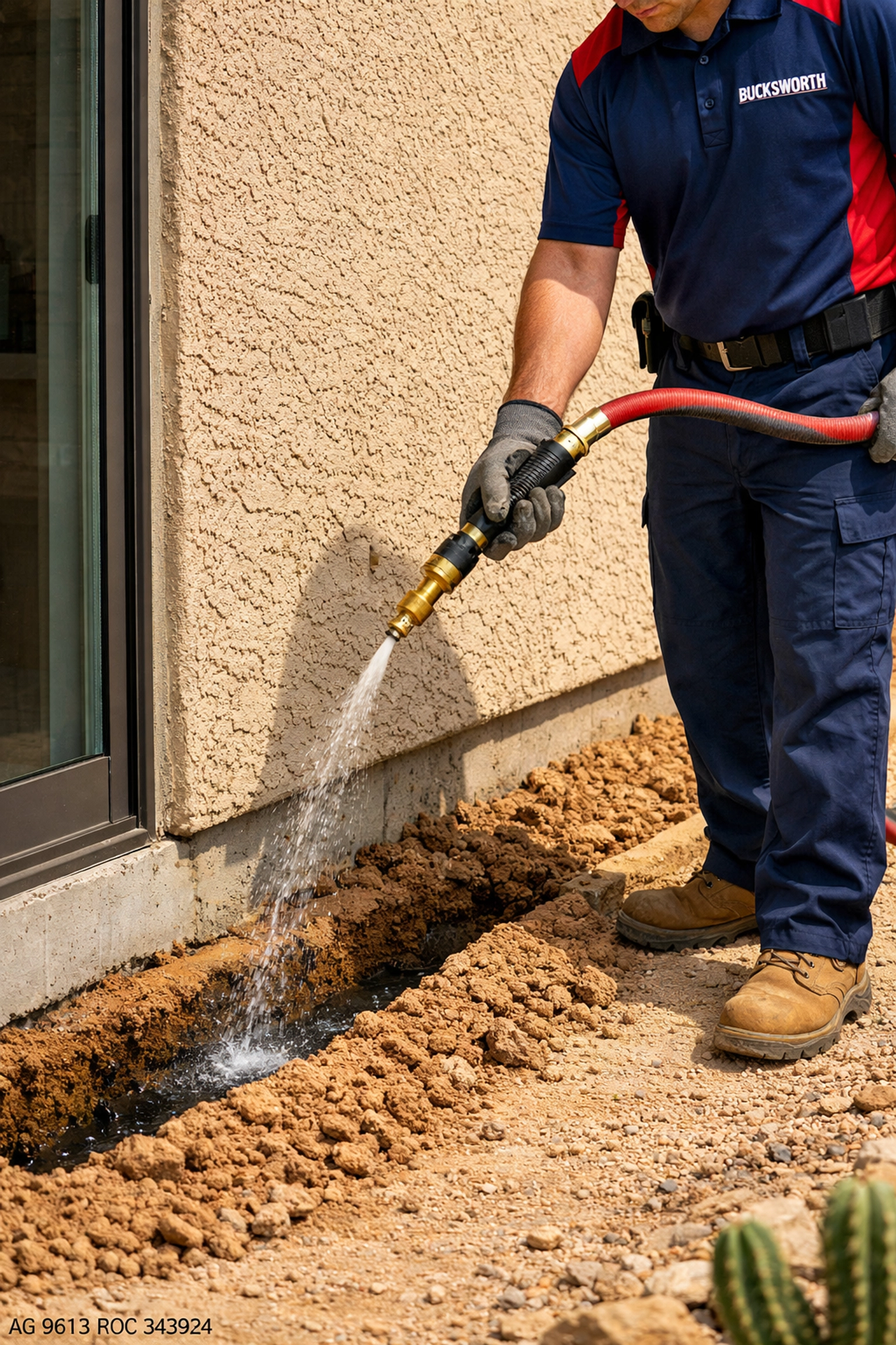Professional termite treatment in Tucson using trenching and liquid termiticide for slab protection.