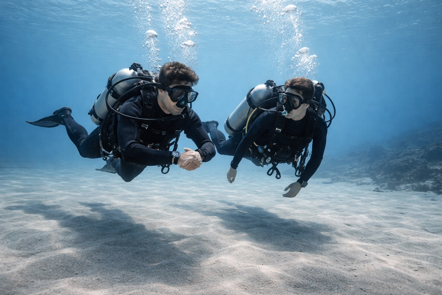 Zwei Taucher im Buddy-Team prüfen Tauchcomputer mit Luftintegration und optimieren so die Tauchgangssicherheit