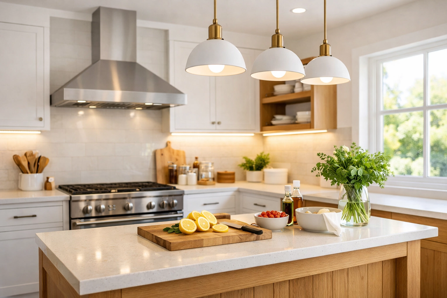Modern Vancouver kitchen with layered lighting, range hood, and functional prep workspace