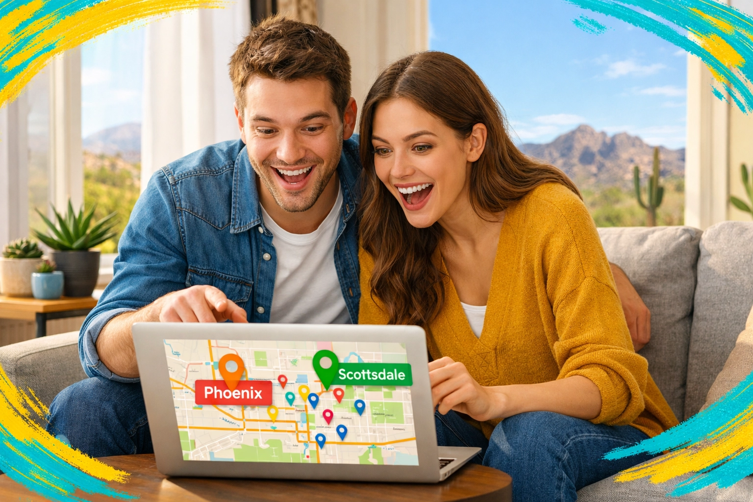Couple using virtual tour technology to explore Phoenix and Scottsdale neighborhoods remotely Couple using virtual tour technology to explore Phoenix and Scottsdale neighborhoods remotely