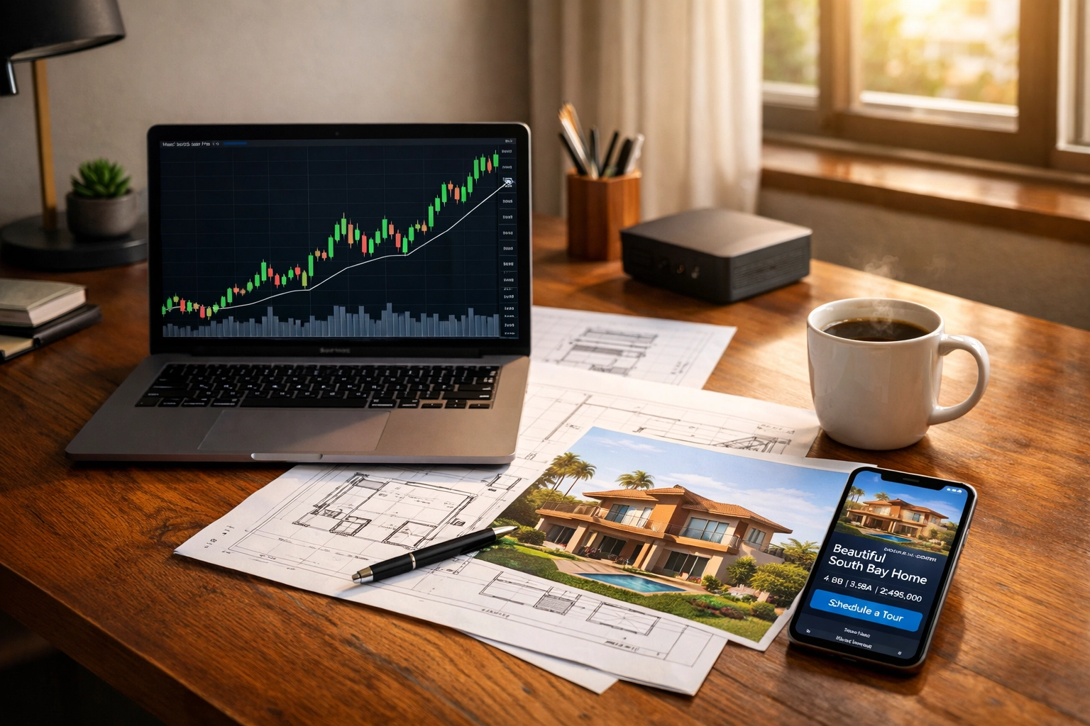 Tech employee workspace with stock charts and South Bay home blueprints showing RSU wealth growth