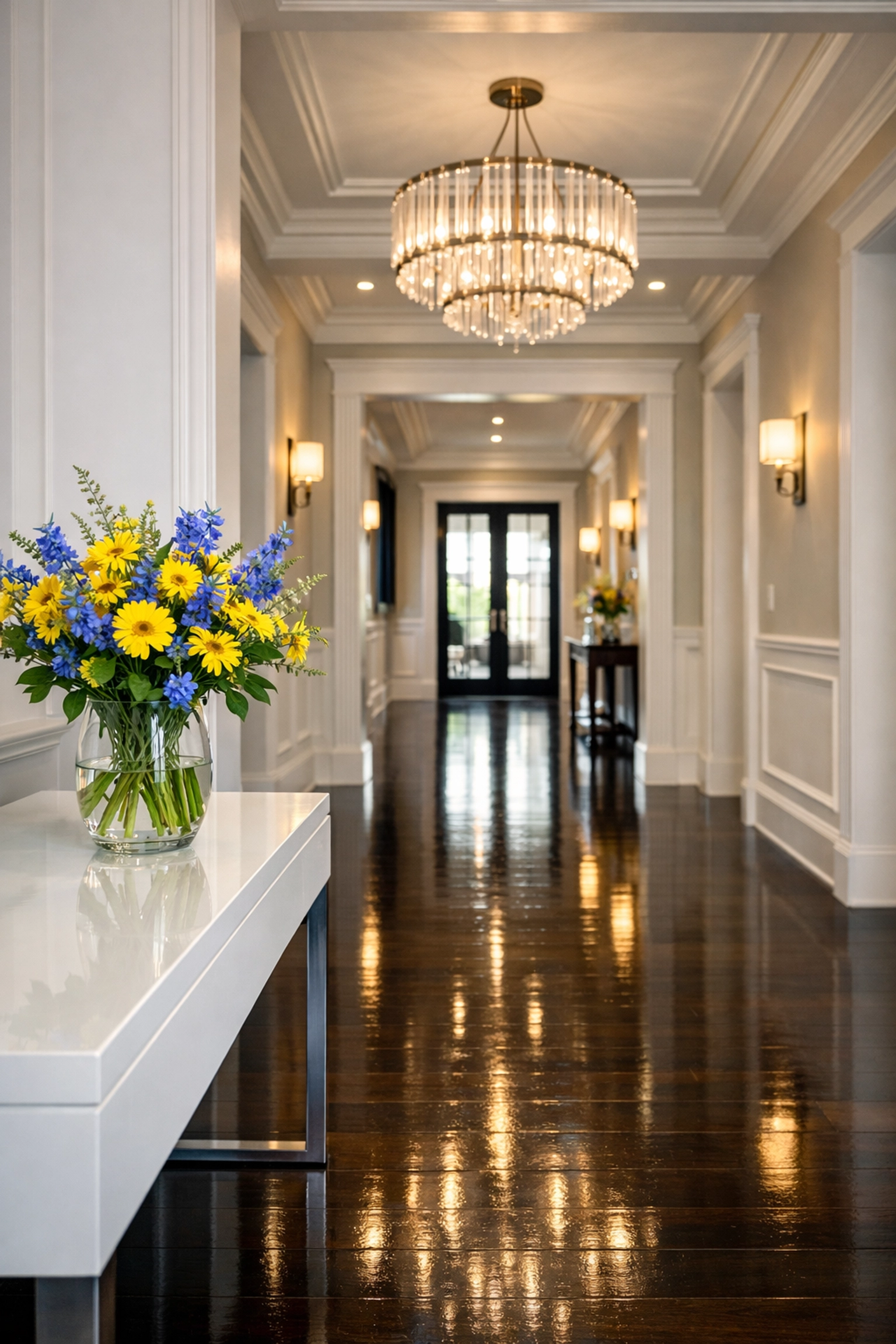 A pristine home entryway with polished floors, showing the results of luxury residential cleaning in Acton.