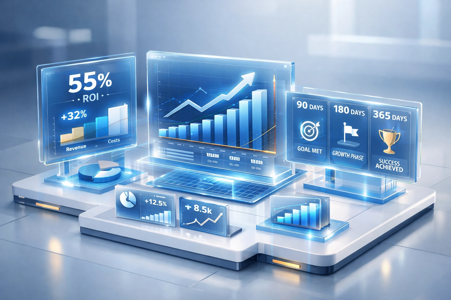ServiceNow ROI dashboard showing 90, 180, and 365-day performance metrics and implementation milestones