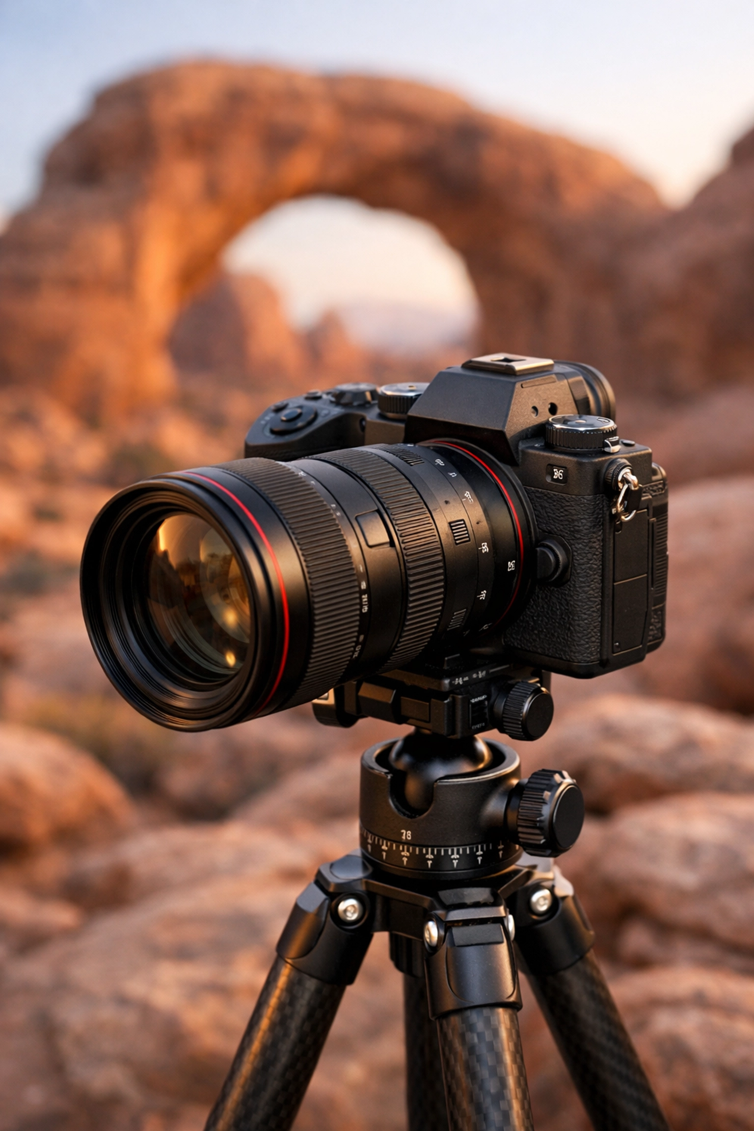 Mirrorless camera on a tripod at sunset in Moab, perfect for professional landscape photography.