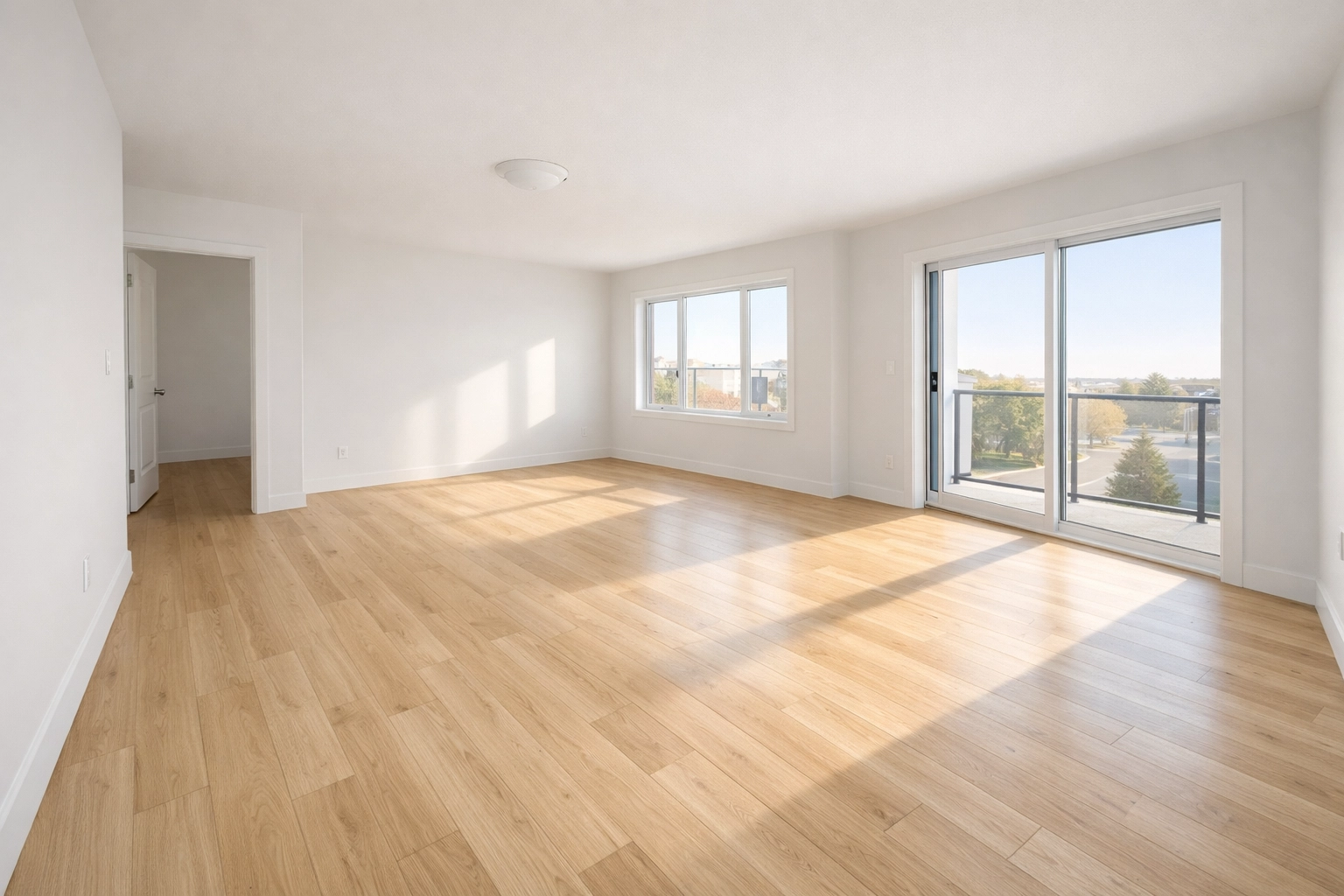 Modern Saskatoon living room with oak luxury vinyl flooring and natural light, ready for new tenants.