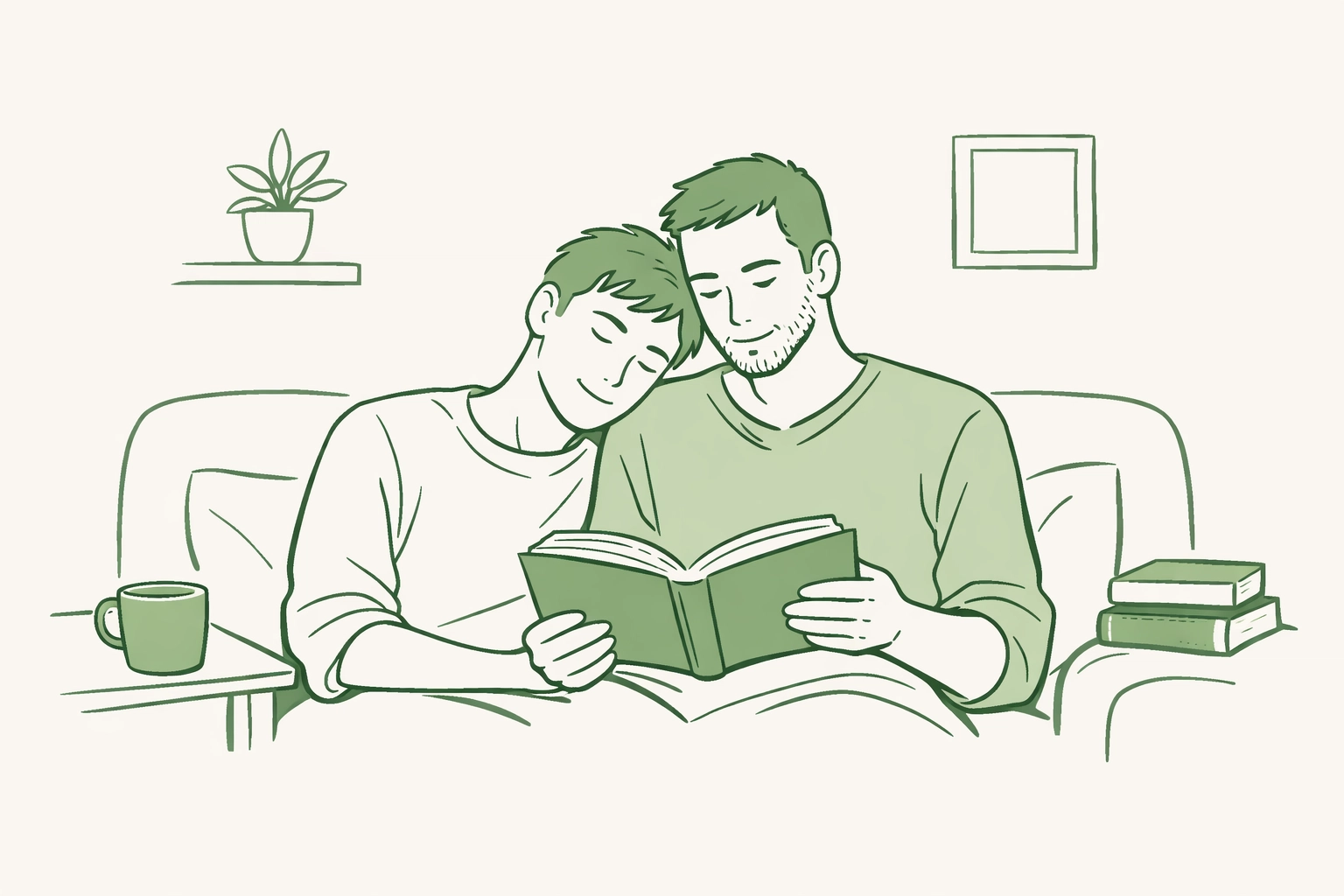 Two gay men sitting on a sofa reading together, representing queer joy and emotional peace.