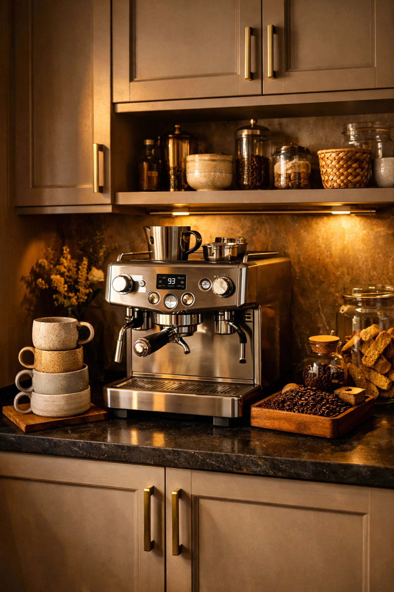 Custom beverage station with mushroom cabinets and dark stone counters for a Bay Village kitchen renovation.