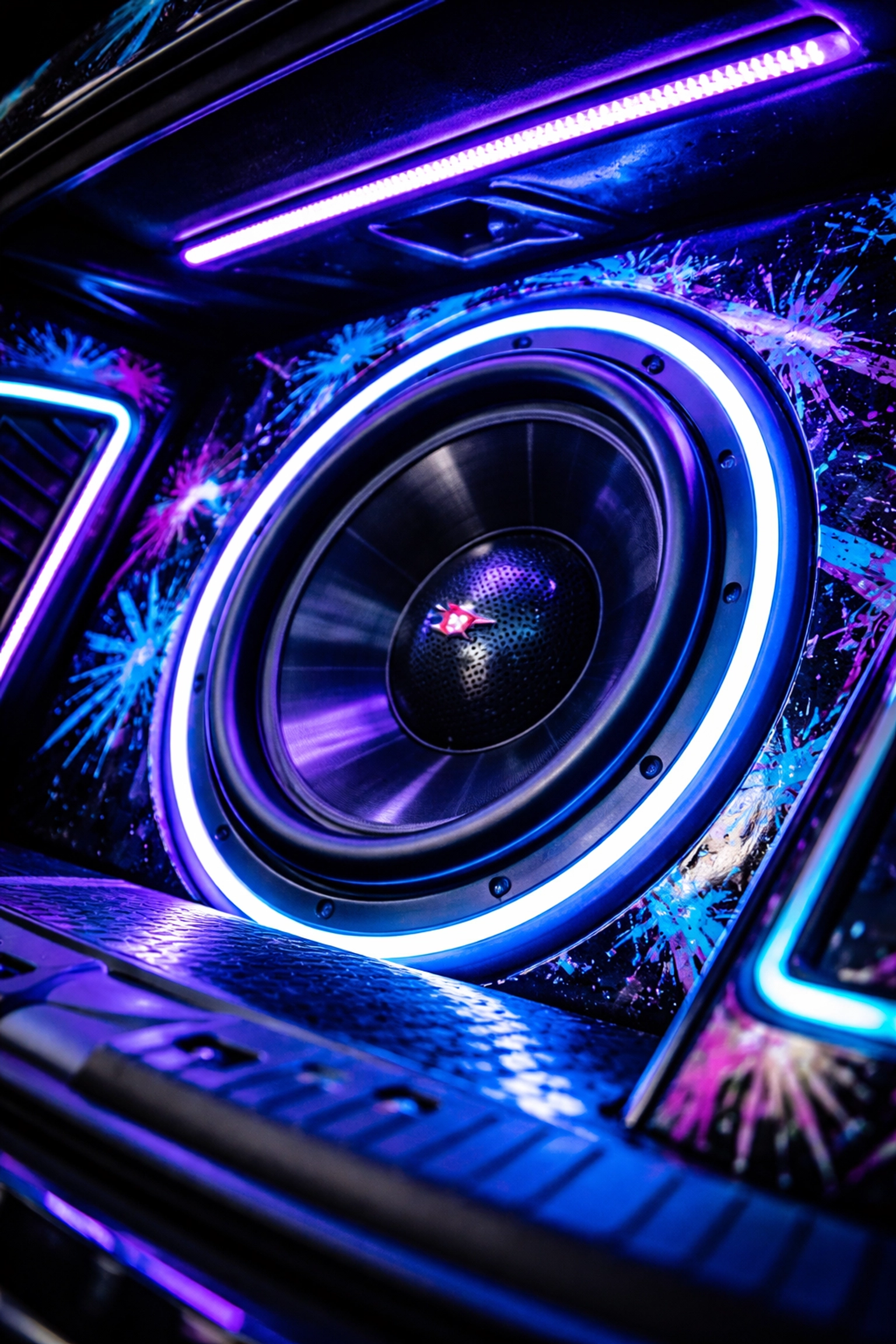 Custom subwoofer professionally installed in a car trunk, demonstrating high-end car audio Pittsburgh solutions